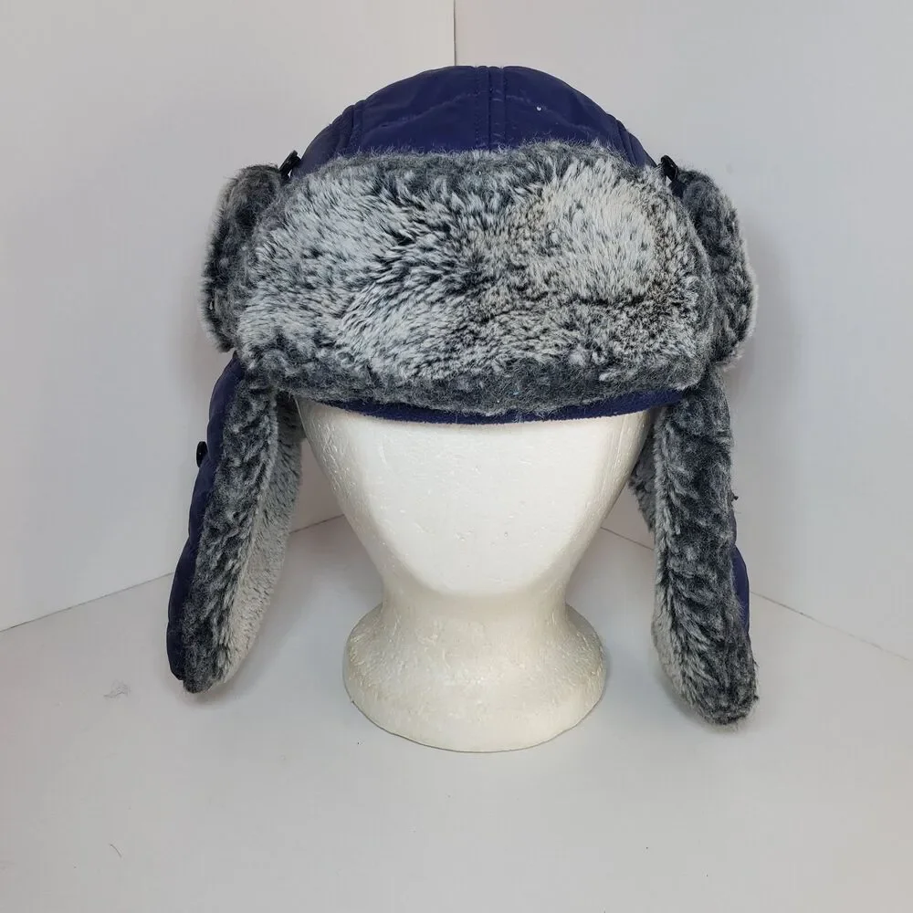 Trapper Aviator Hat Youth Med Faux Fur Blue Nylon Winter Gorpcore Ski Snow